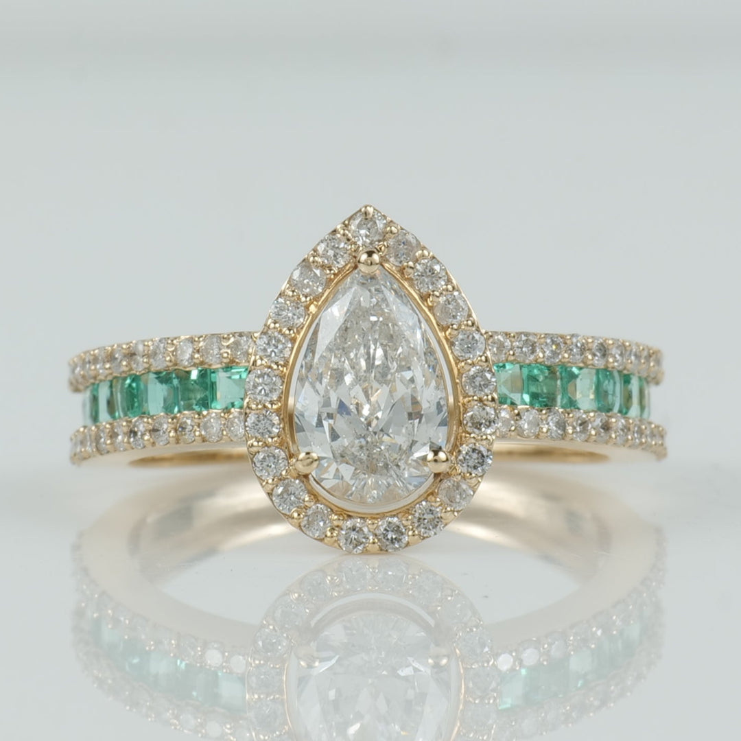 Pear Halo Diamond Emerald Band Ring