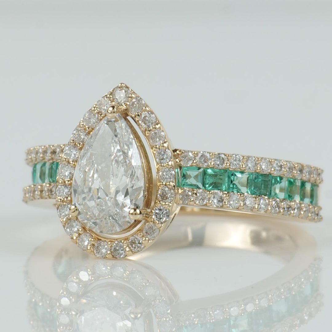 Pear Halo Diamond Emerald Band Ring