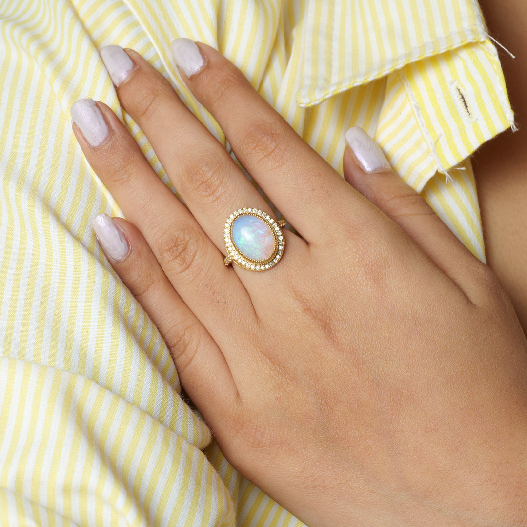 Oval Opal Diamond Halo Ring