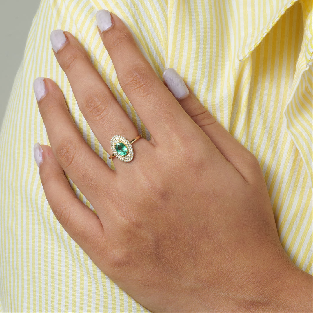 Natural Oval Emerald Halo Diamond Ring