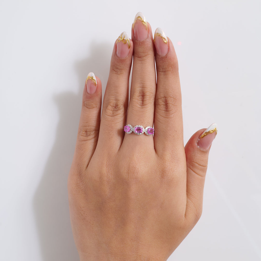 Three Stone Pink Sapphire Diamond Ring