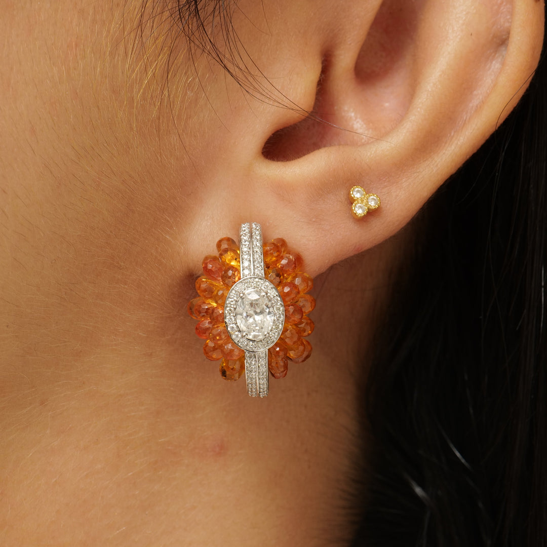 Oval Cluster Orange Sapphire Halo Huggie Earrings