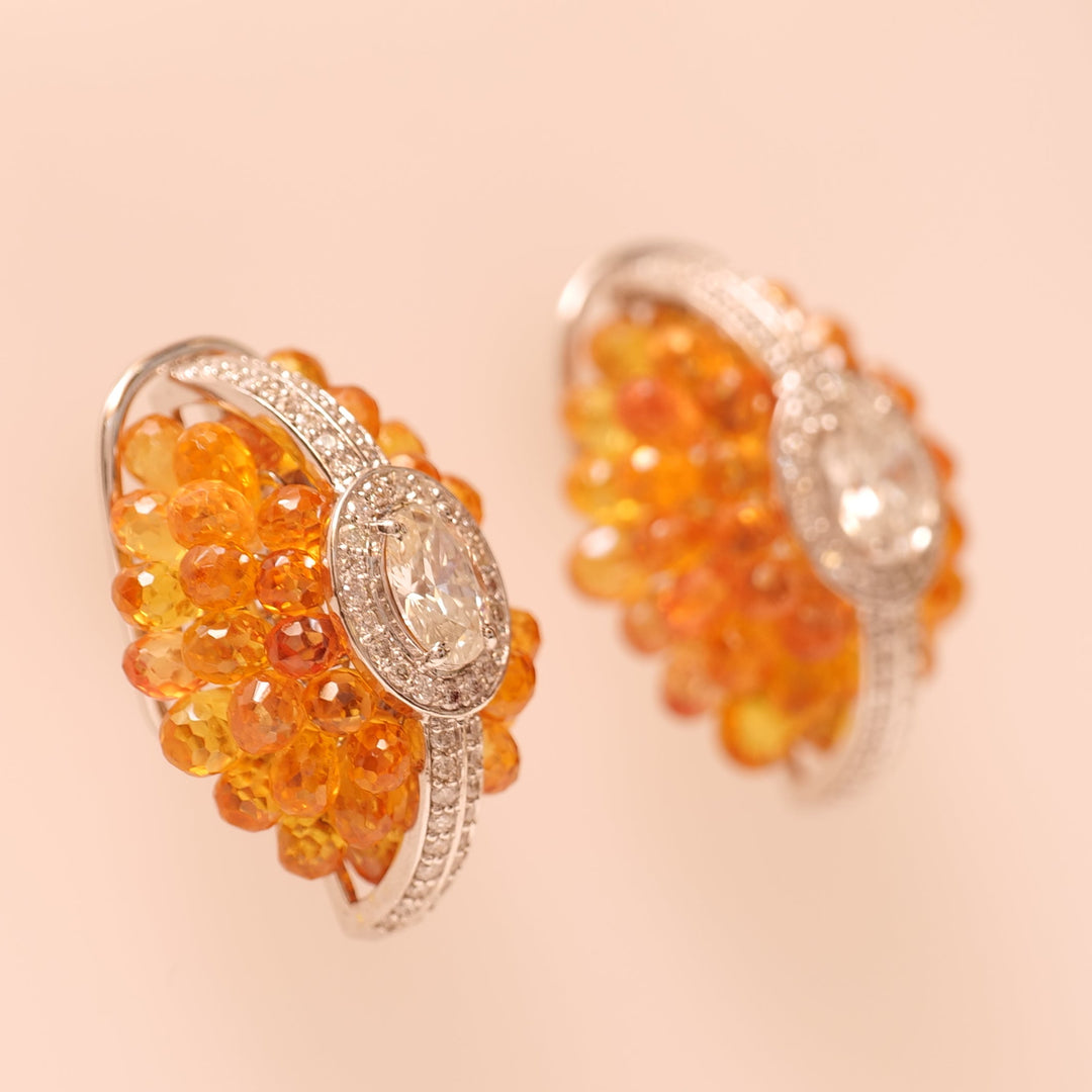 Oval Cluster Orange Sapphire Halo Huggie Earrings