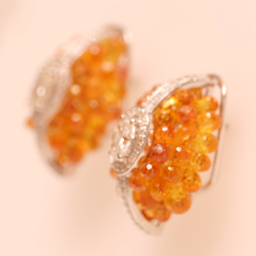 Oval Cluster Orange Sapphire Halo Huggie Earrings
