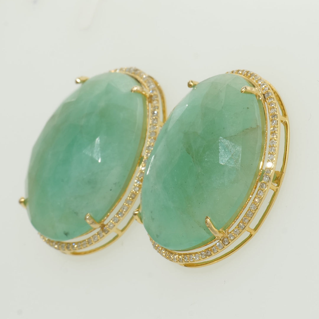Oval Green Gemstone Halo Diamond Earrings