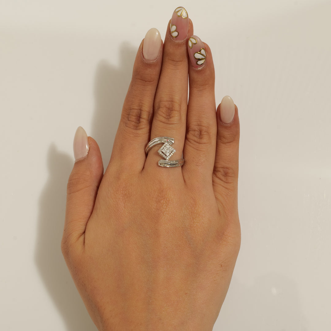 Princess Cut Halo Diamond Bypass Ring