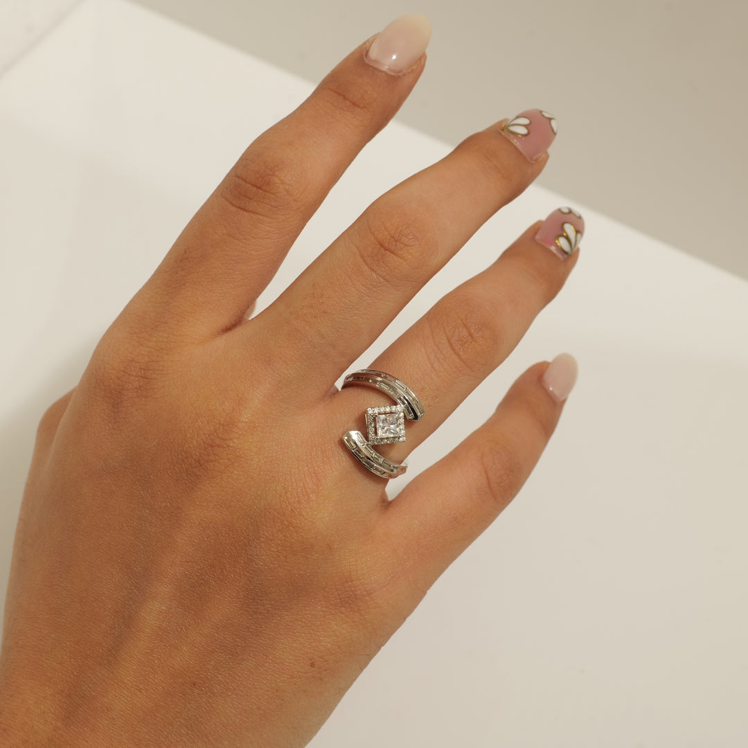 Princess Cut Halo Diamond Bypass Ring