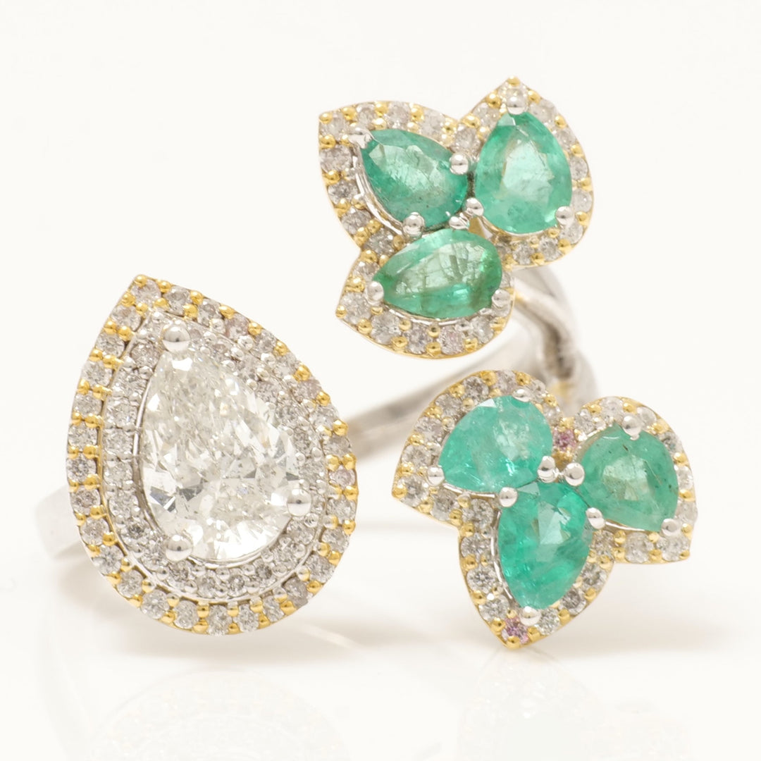 Pear Halo Diamond Emerald Open Ring