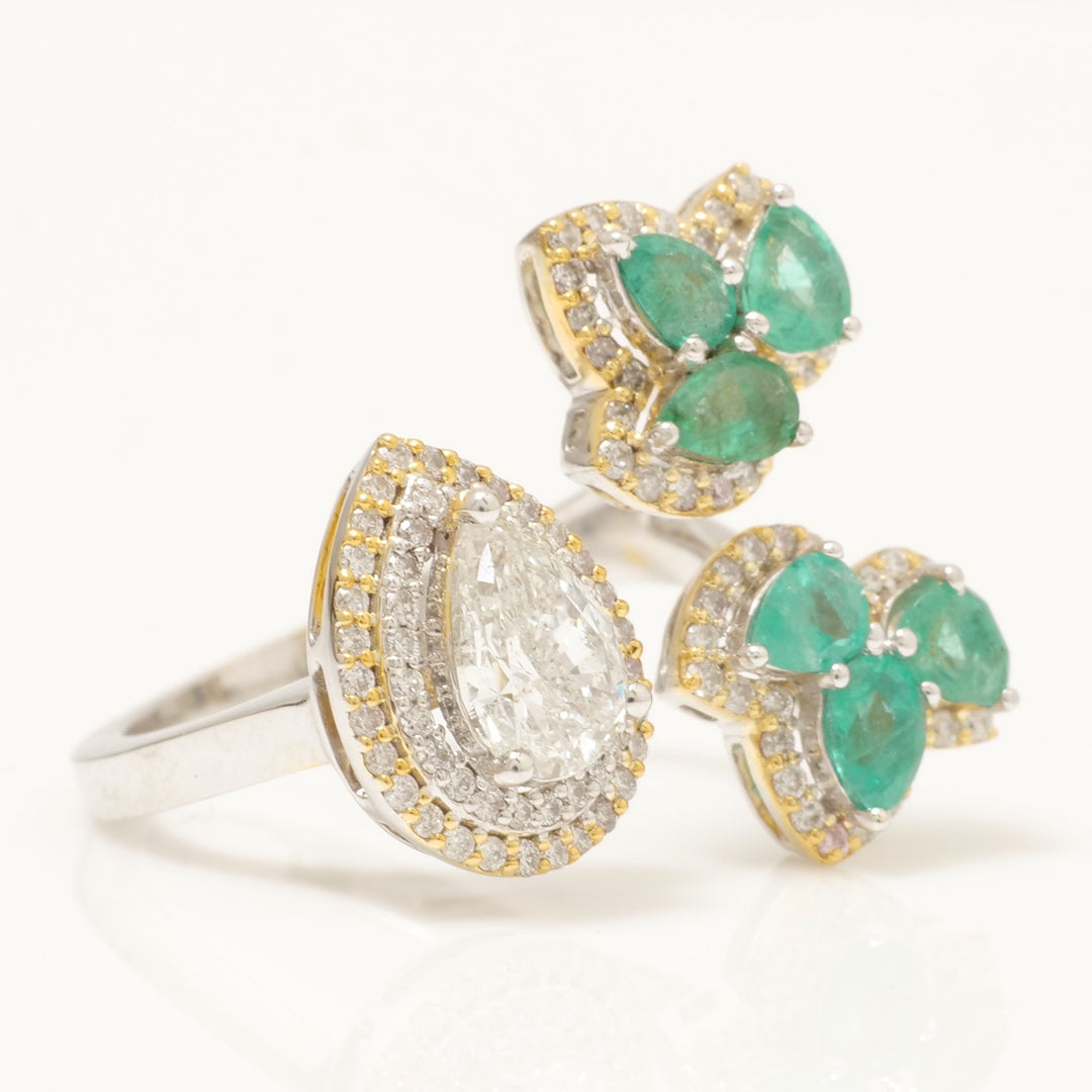 Pear Halo Diamond Emerald Open Ring