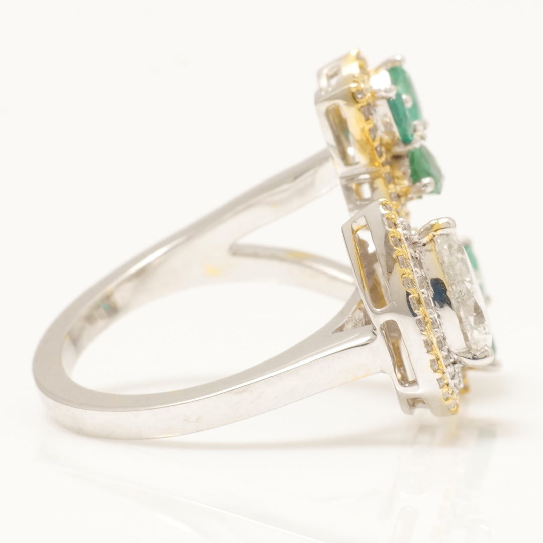 Pear Halo Diamond Emerald Open Ring