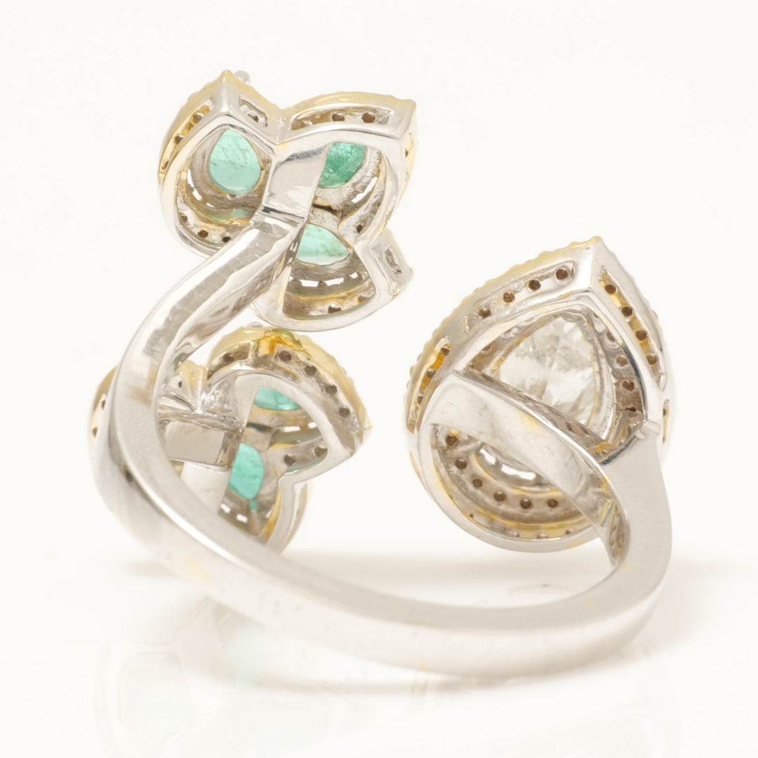 Pear Halo Diamond Emerald Open Ring