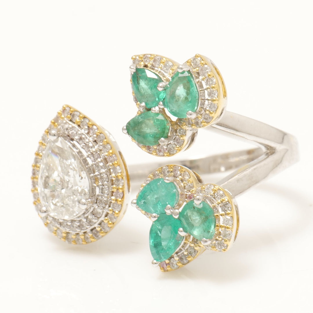 Pear Halo Diamond Emerald Open Ring