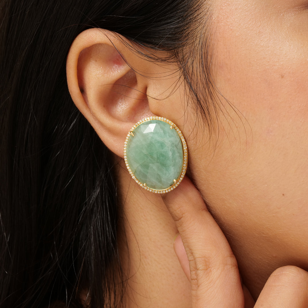 Oval Green Gemstone Halo Diamond Earrings