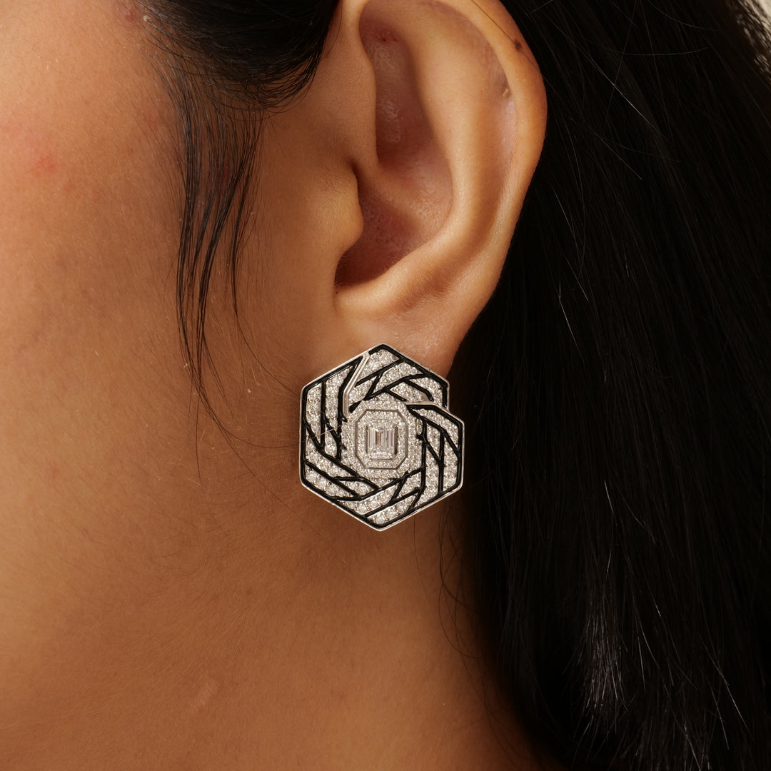 Hexagon Diamond Enamel Stud Earrings