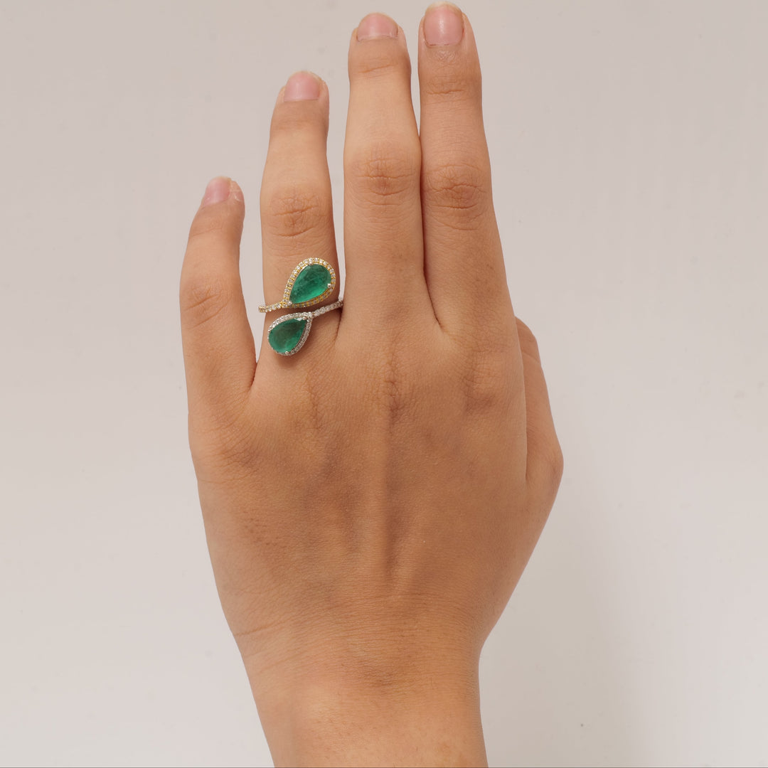 Emerald Halo Diamond Bypass Ring
