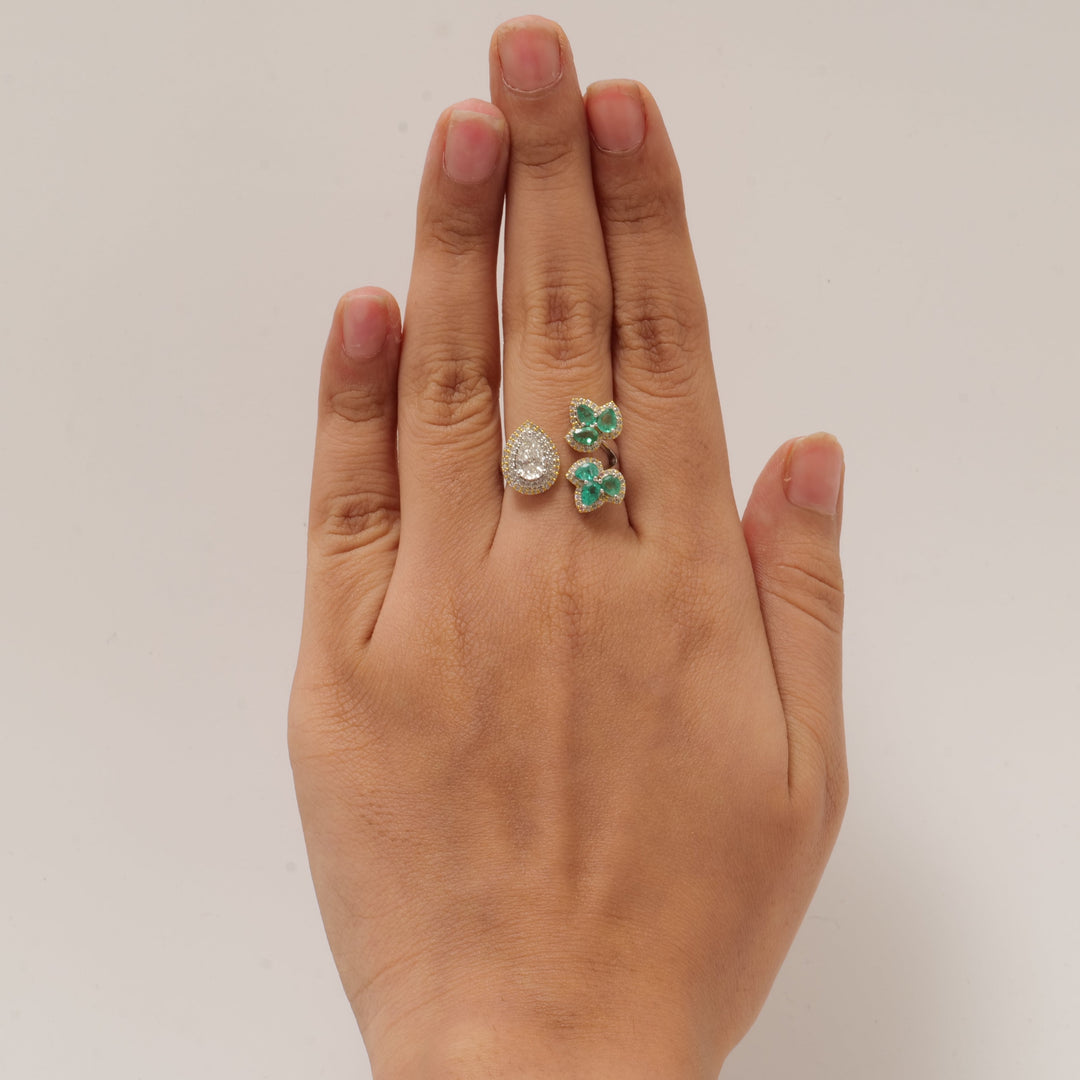Pear Halo Diamond Emerald Open Ring