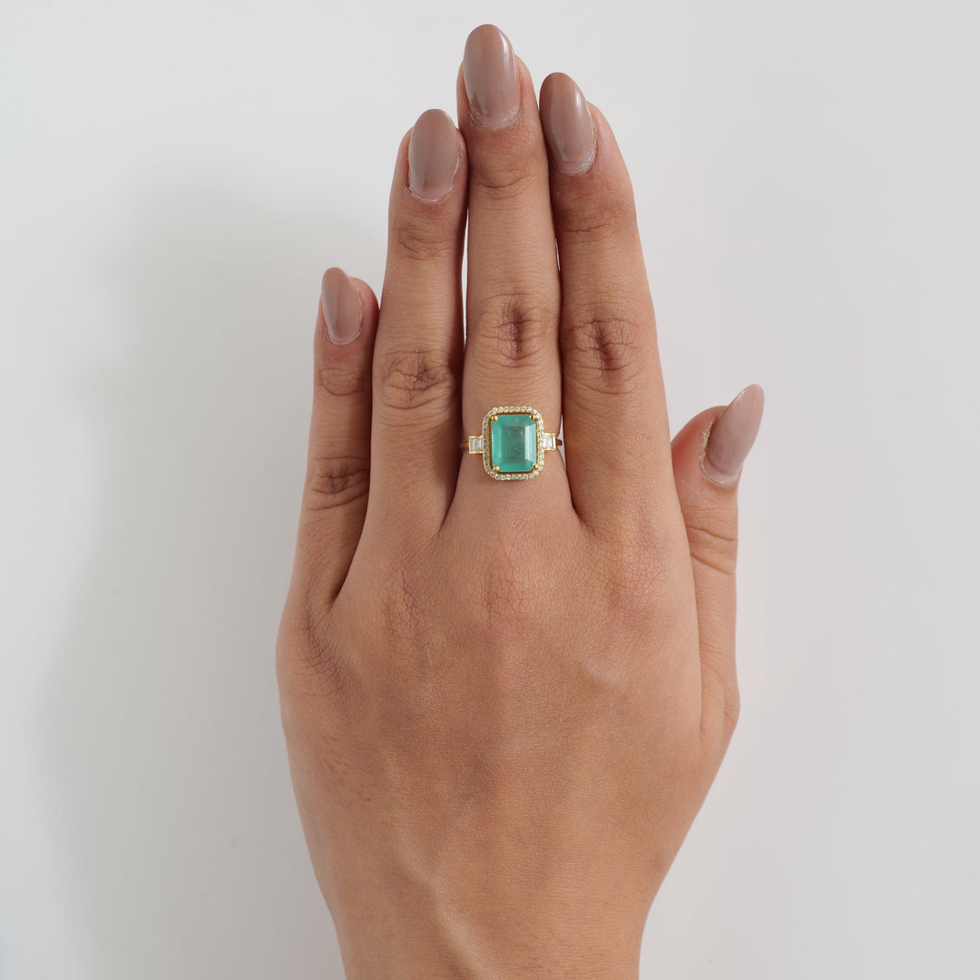 Green Emerald Cut Halo Diamond Ring