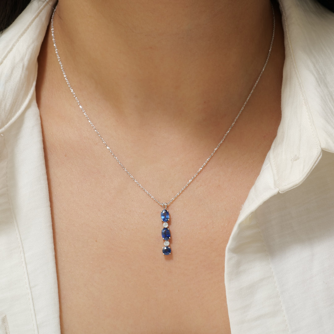 Blue Sapphire Pendant Necklace, 14k Solid Gold, Natural Diamonds, Gemstone Drop Chain, Certified Jewelry