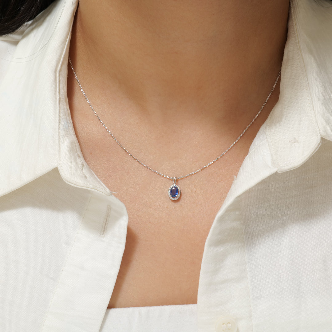 Oval Blue Sapphire Necklace, 14k Solid Gold, Natural Diamonds, Halo Pendant, Fine Chain Jewelry, Gift For Her