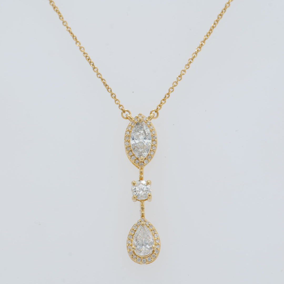 Three Stone Halo Diamond Pendant Necklace