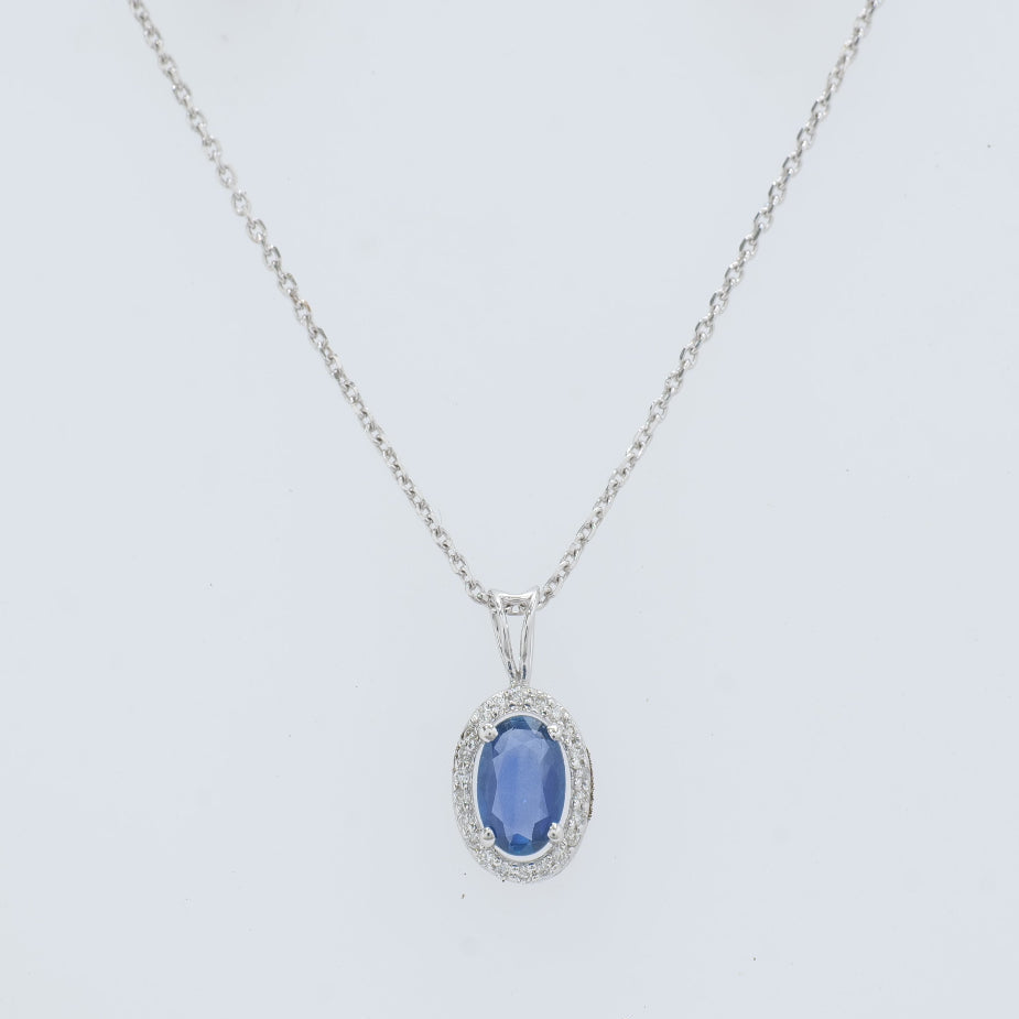 Oval Blue Sapphire Necklace, 14k Solid Gold, Natural Diamonds, Halo Pendant, Fine Chain Jewelry, Gift For Her
