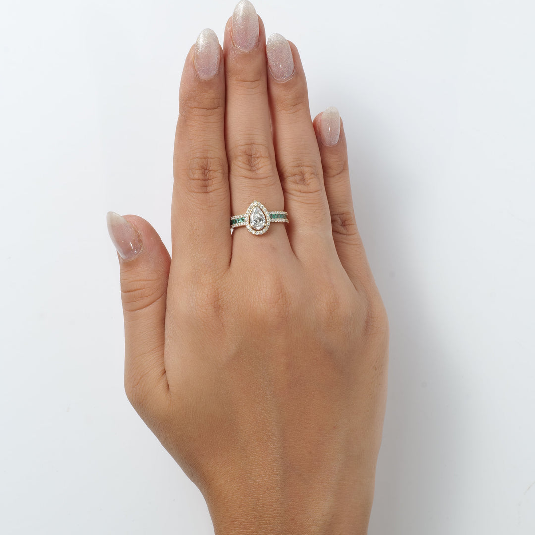 Pear Halo Diamond Emerald Band Ring