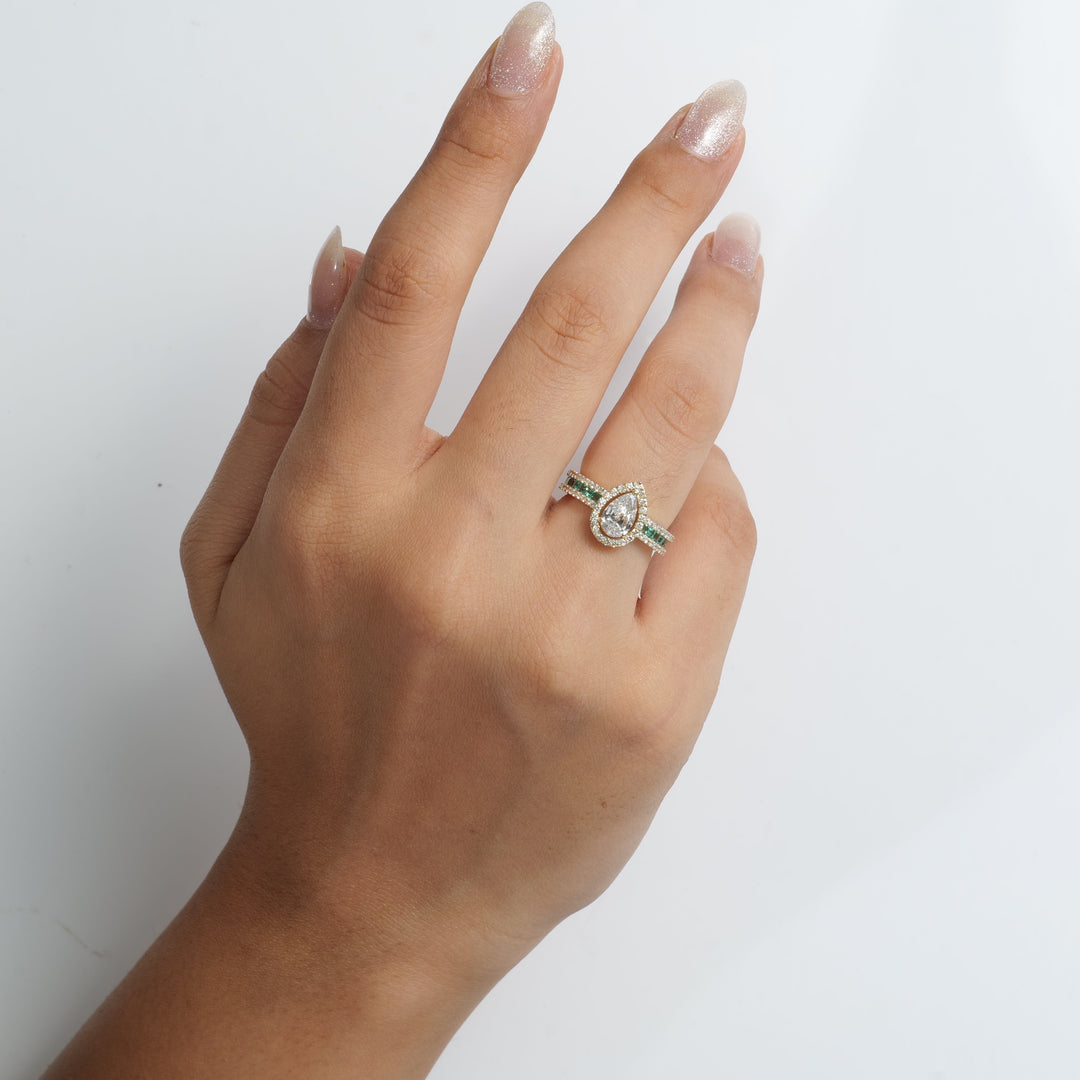 Pear Halo Diamond Emerald Band Ring
