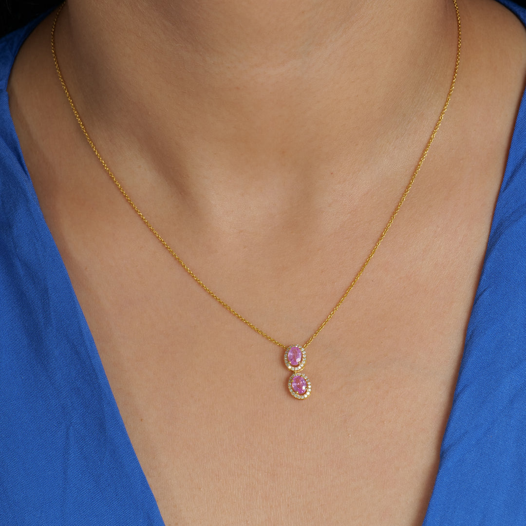 Oval Pink Sapphire Halo Diamond Necklace