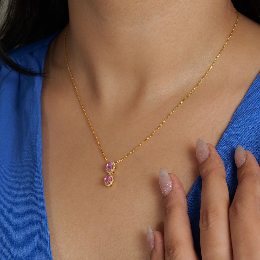 Oval Pink Sapphire Halo Diamond Necklace
