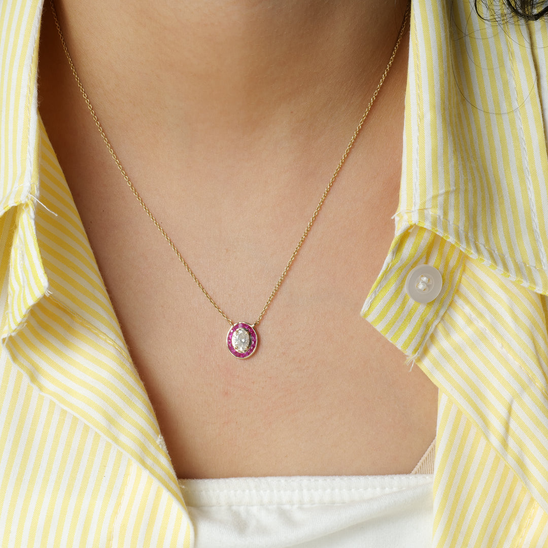 Oval Diamond Necklace with halo set ruby