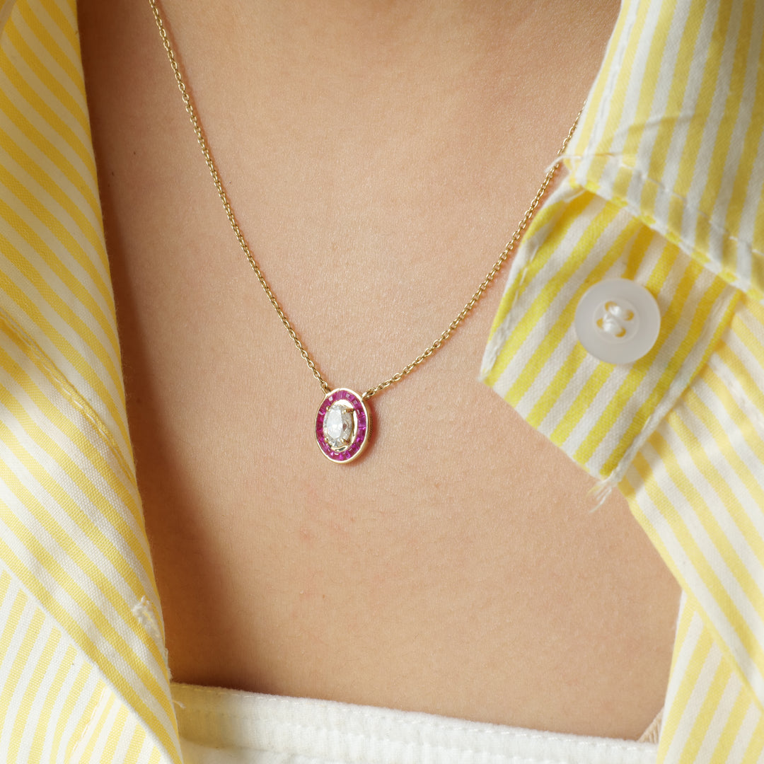 Oval Diamond Necklace with halo set ruby
