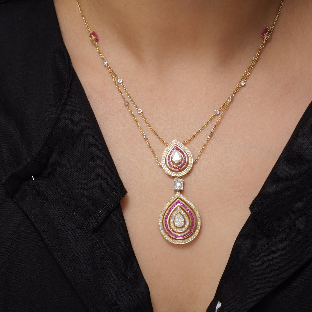 Pear Diamond Ruby Stacking Necklace