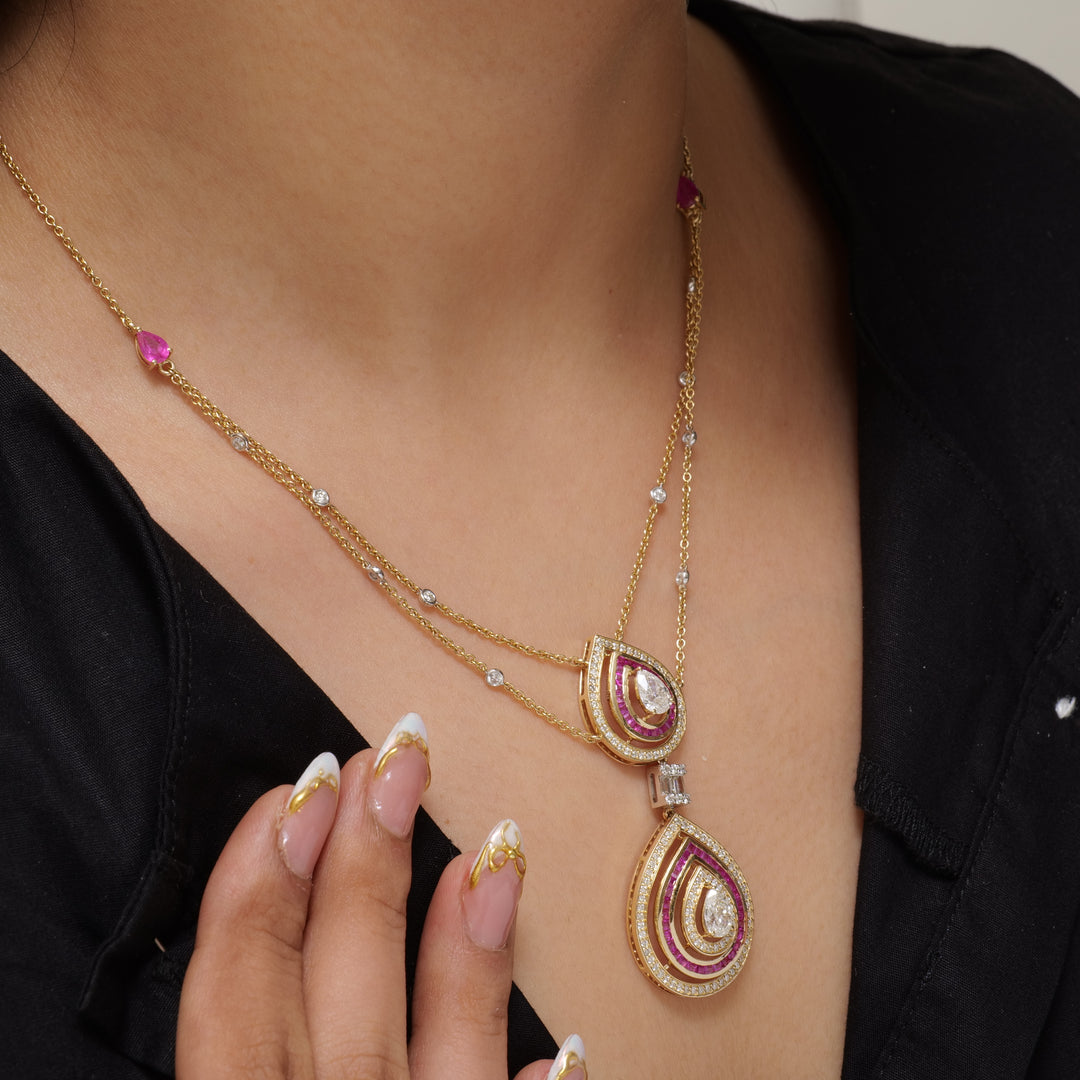 Pear Diamond Ruby Stacking Necklace