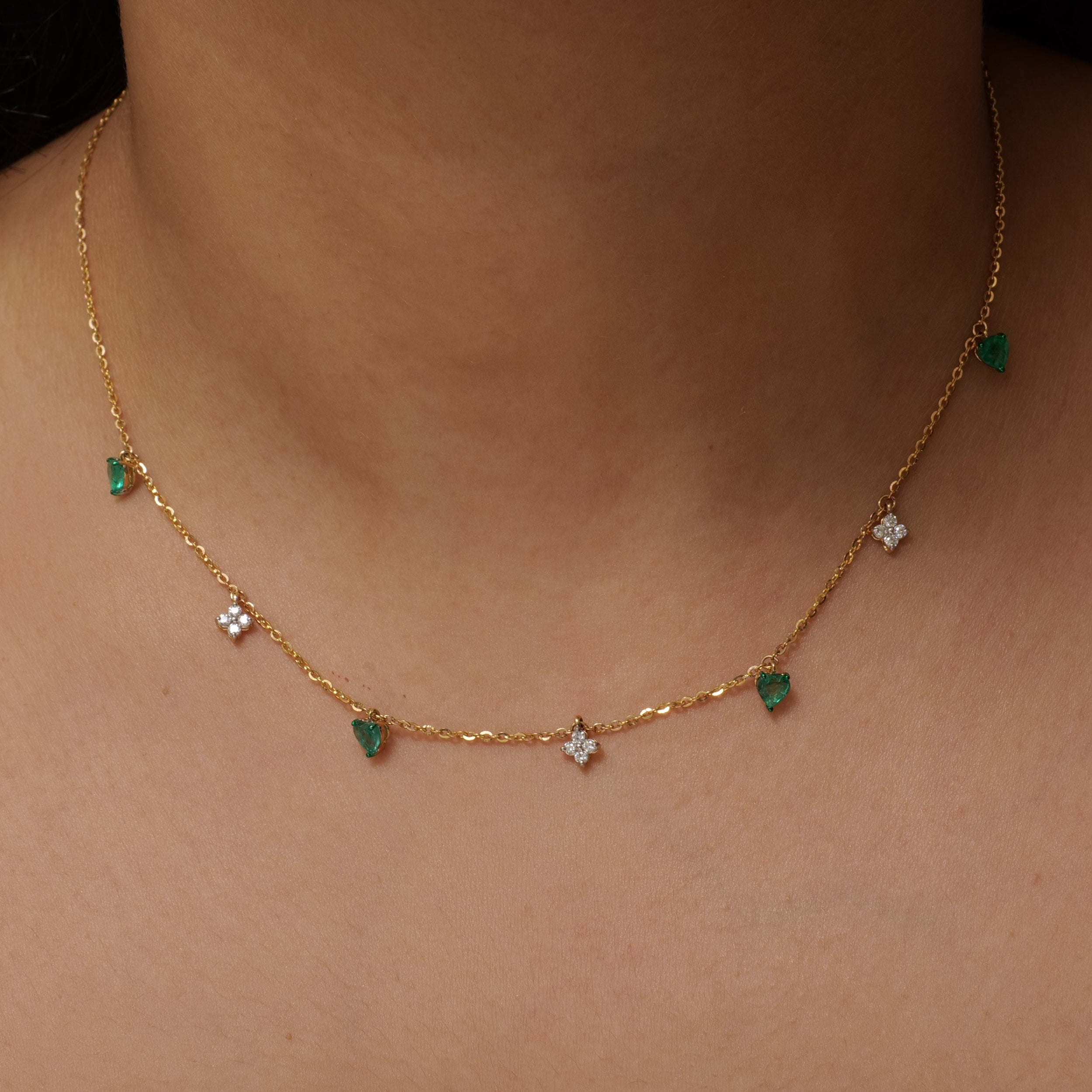 Natural Emerald Heart Diamond Charm Necklace