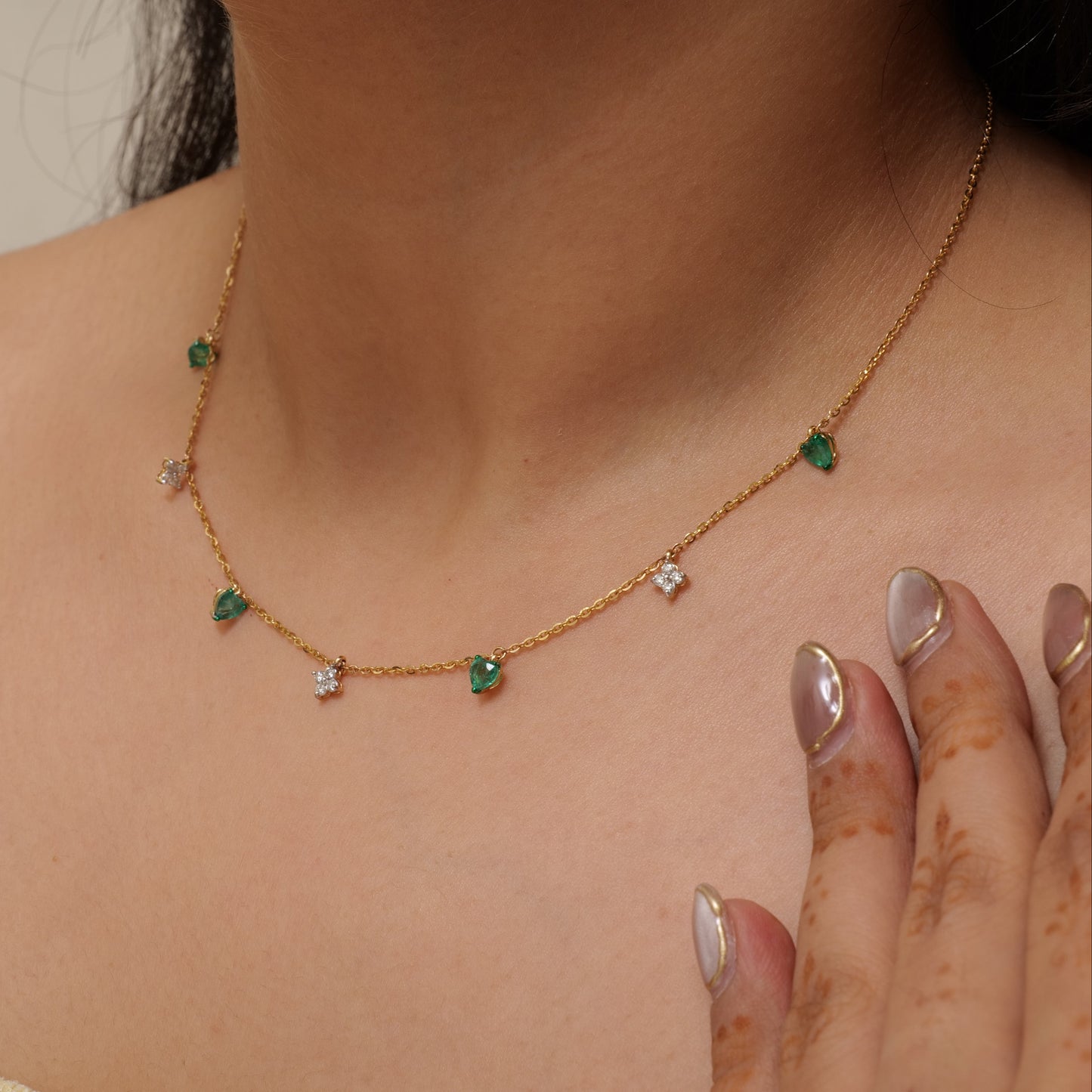 Natural Emerald Heart Diamond Charm Necklace