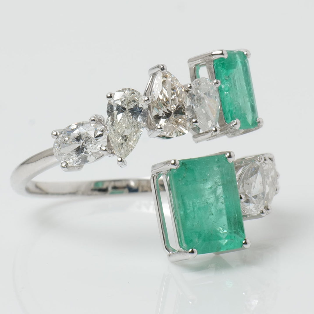 Natural Emerald & Fancy Diamond Bypass Ring