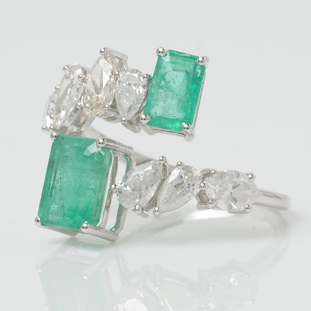 Natural Emerald & Fancy Diamond Bypass Ring