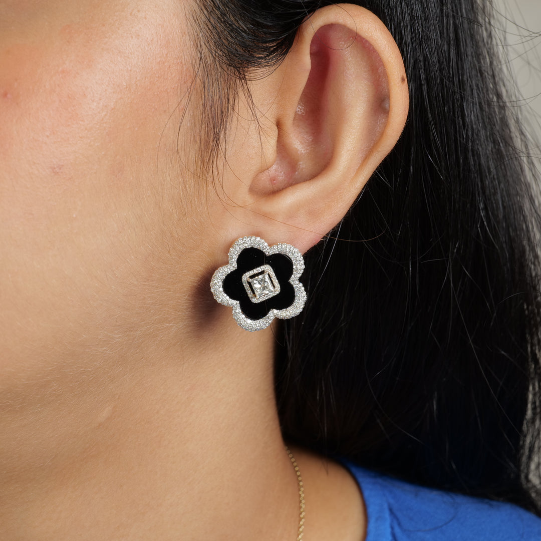 Onyx Flower Diamond Stud Earrings