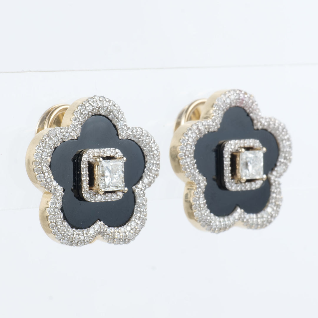Onyx Flower Diamond Stud Earrings