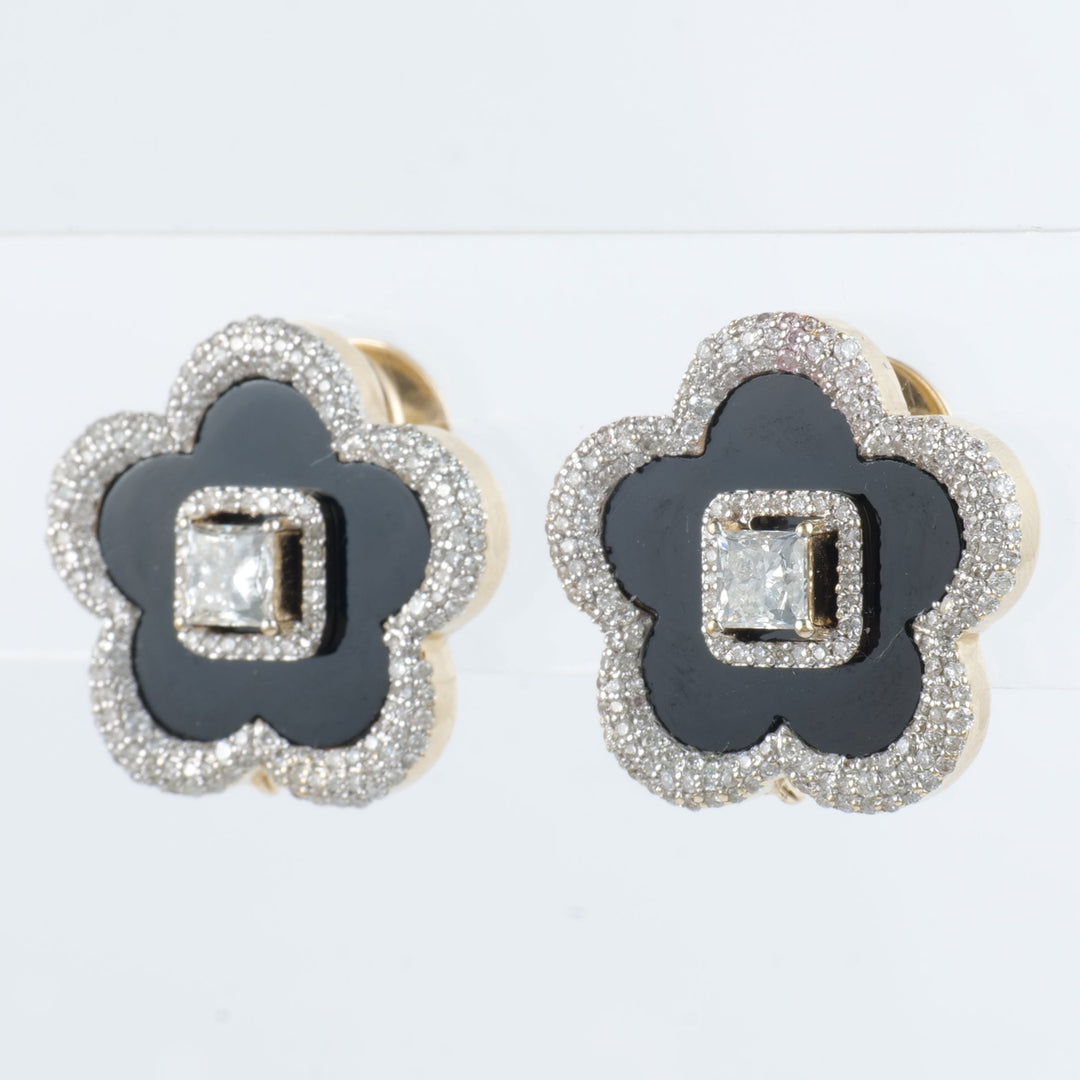 Onyx Flower Diamond Stud Earrings