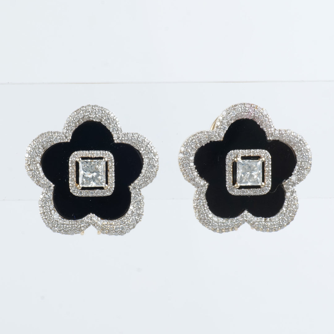 Onyx Flower Diamond Stud Earrings