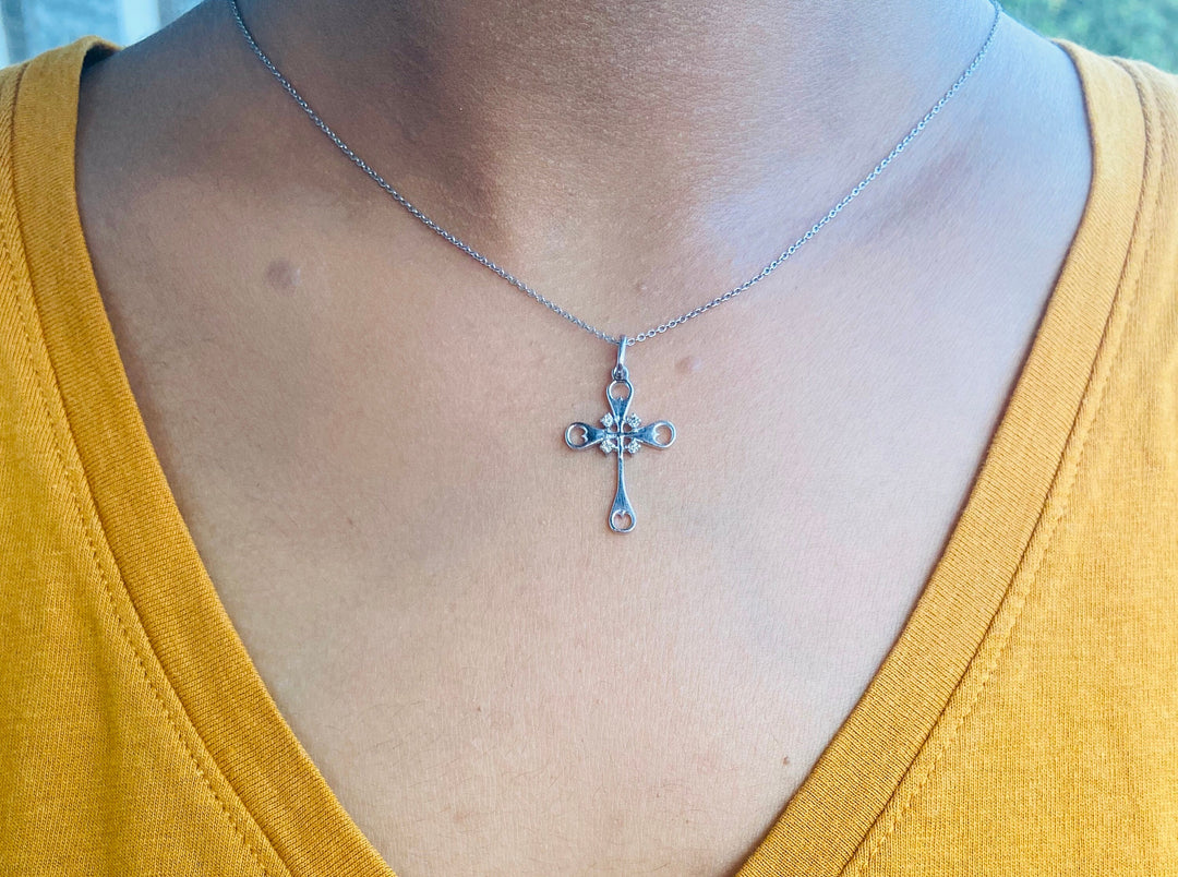 Diamond Cluster Cross Pendant Necklace in 14k Solid Gold, Natural Diamonds Cross Necklace With Adjustable Chain, Communion Gift for her
