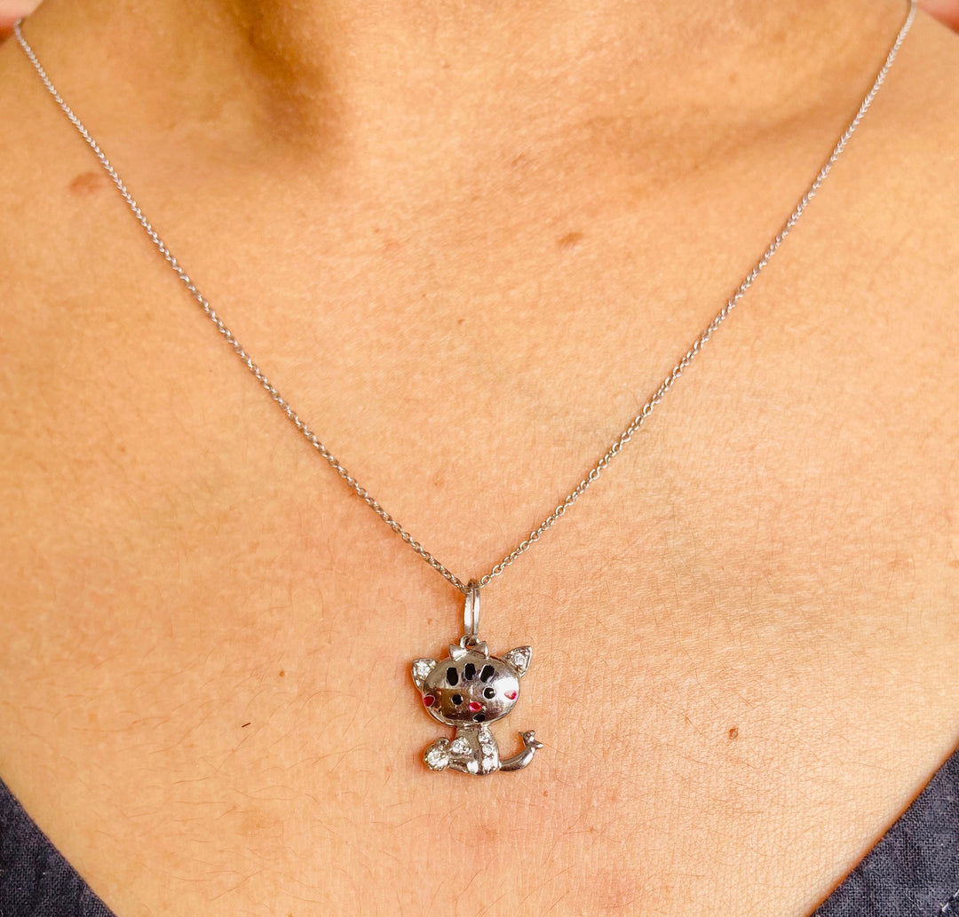 Cat Diamond Charm Pendant, 14k Solid Gold, Natural Diamonds, Gift for her