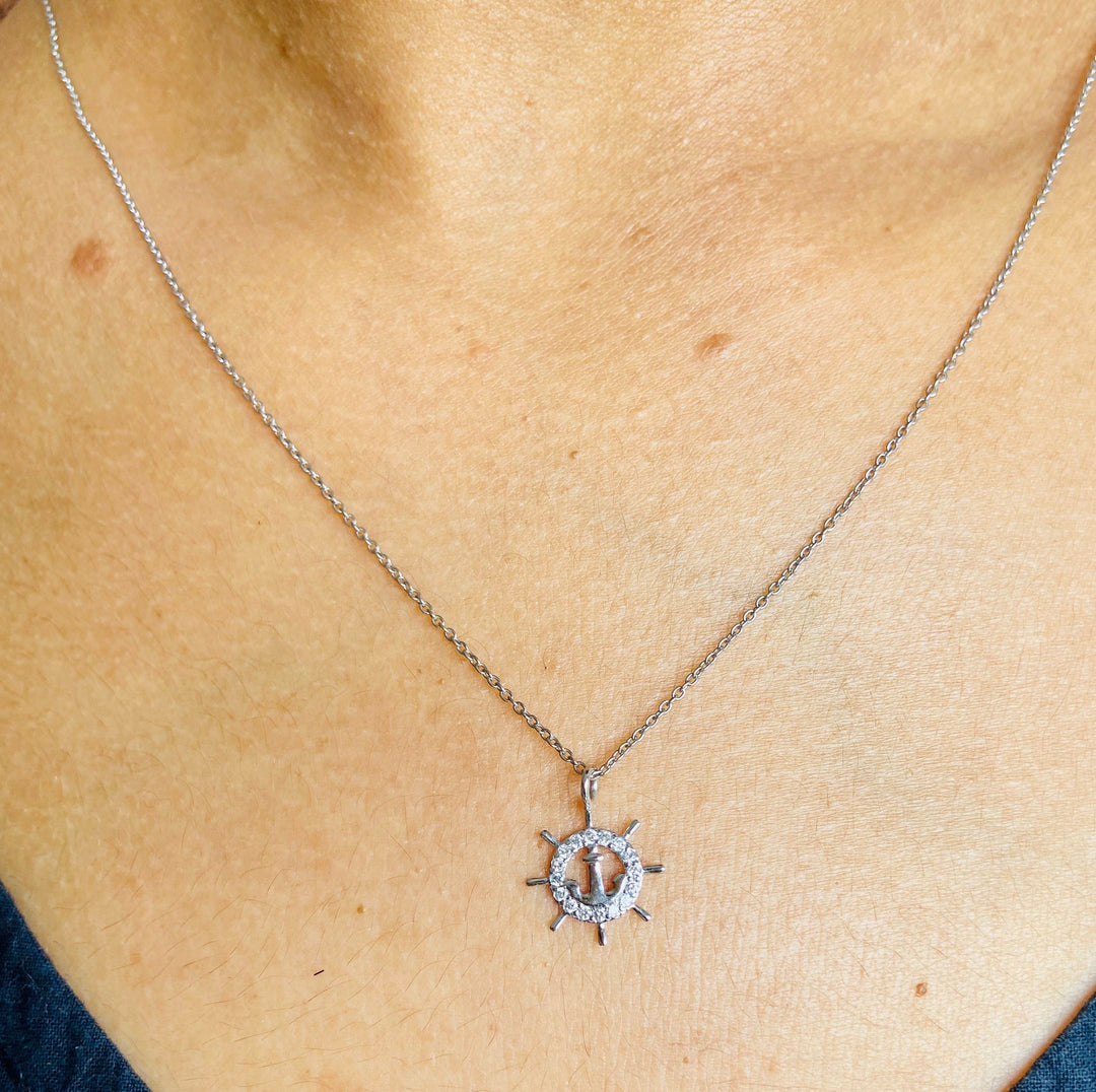 Anchor and Wheel Pendant Charm, 14k Solid Gold, Natural Diamonds, , Everyday Necklace Gift For Her