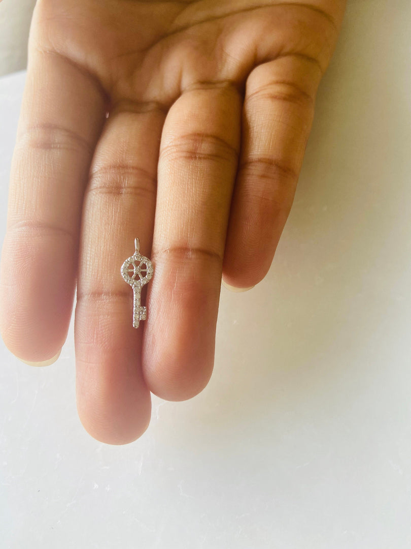 Key Diamond Charm Pendant, 14k Solid Gold, Natural Diamonds, Tiny Key Necklace, Lucky watch charm, Gift for her