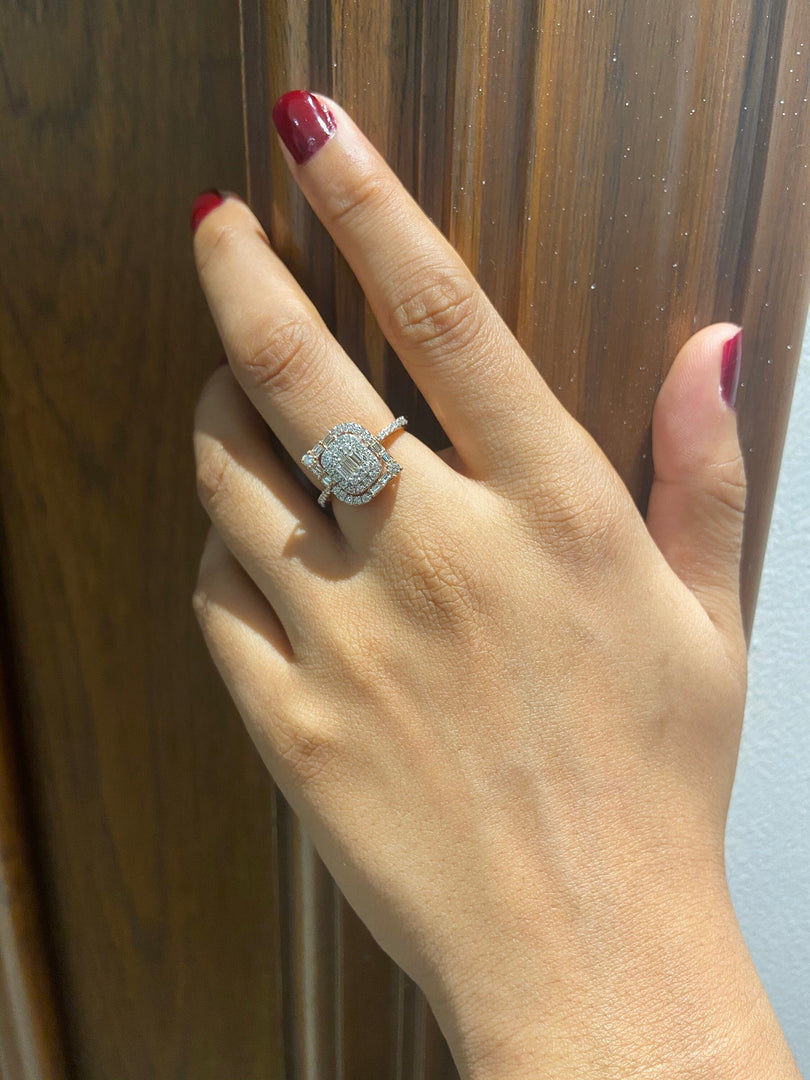 Baguettes and Round Diamond Ring In Illusion Setting, 14k Solid Gold, Natural Diamonds, Perfect Gift for her