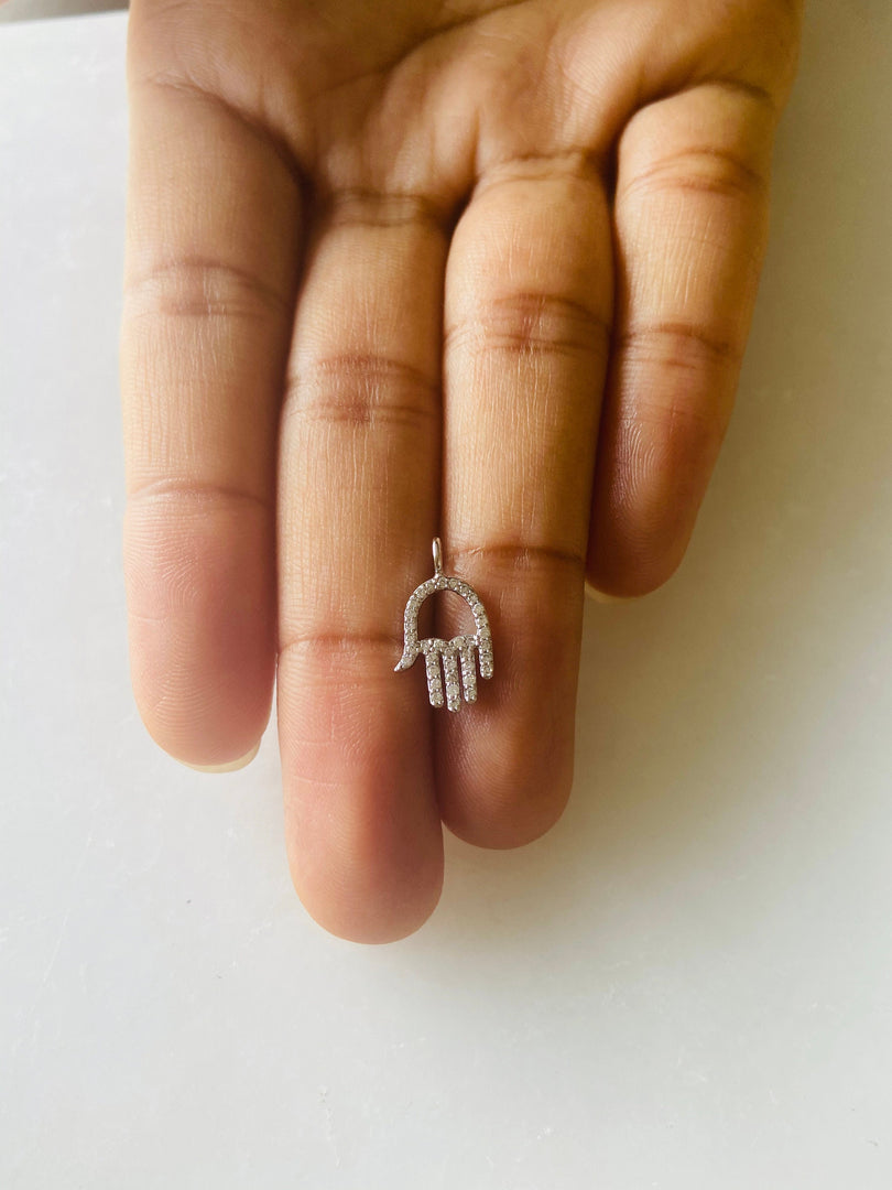 Hamsa Hand Diamond Charm Pendant, 14k Solid Gold, Small Hamsa Necklace,  Natural Diamonds, Everyday Protection Bracelet, Gift for her