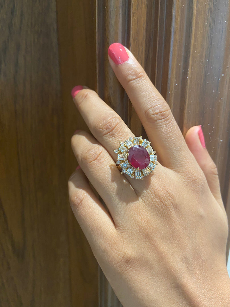 Ruby Baguette Diamond Ring, 14k Solid Gold, July Gemstone, Birthstone Ring, Cocktail Ring, Natural Diamonds, Gift for her