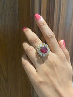 Load image into Gallery viewer, Oval Ruby Baguette Halo Ring, 14k Solid Gold, Natural Diamonds, July Gemstone, Birthstone Statement Ring, Bold Cocktail Ring, Gift For Her

