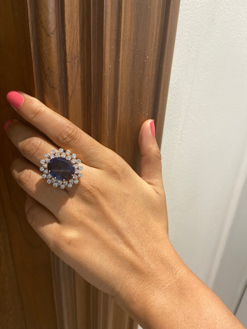 Blue Sapphire Gemstone Diamond Ring, Cocktail Gold Ring, 14k Solid Gold Blue Stone Ring, Gift for her, Natural Diamonds, Birthstone Rings